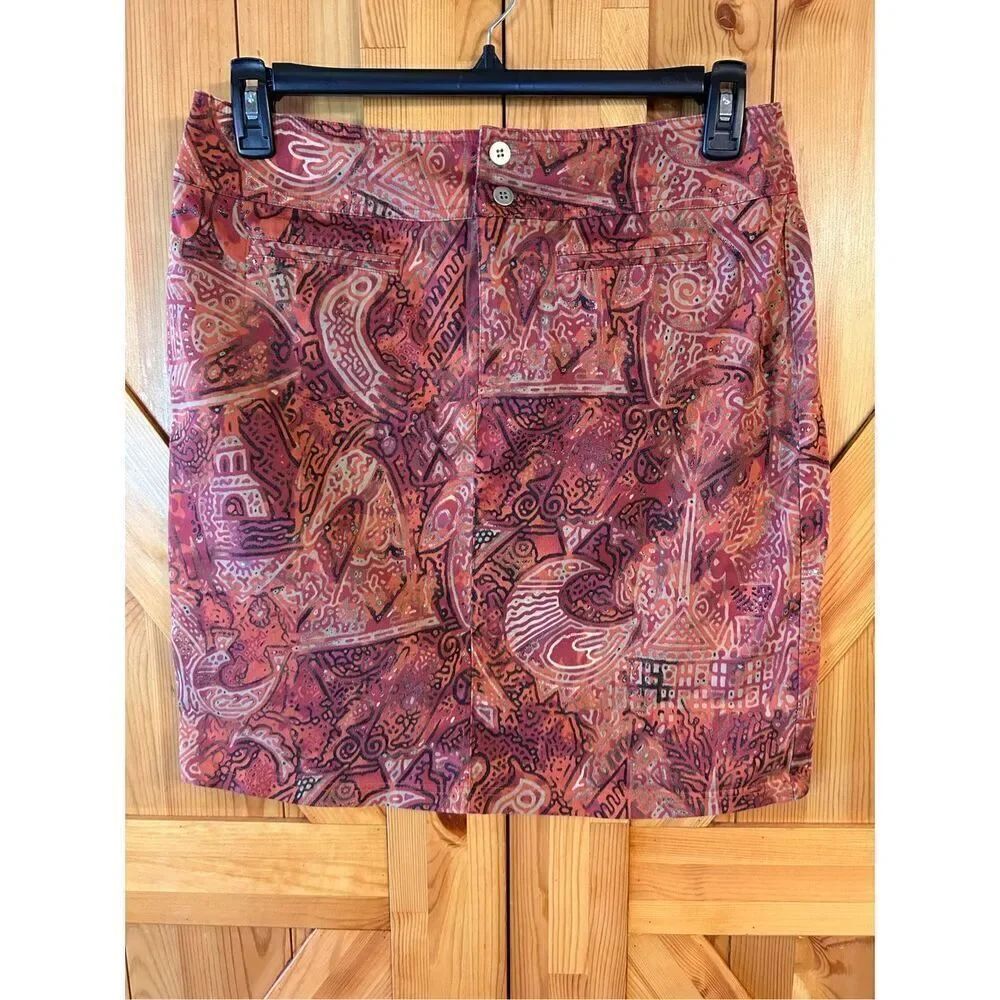 Chico’s Multi Color Retro Print Cotton Stretch Pockets Pencil Skirt Size 2/ Larg